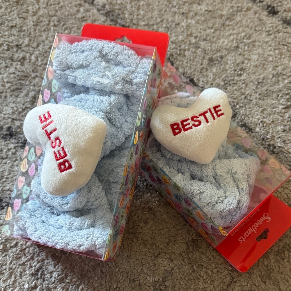 Two (2) Plush 'BESTIE' Heart Headband Set in Light Blue